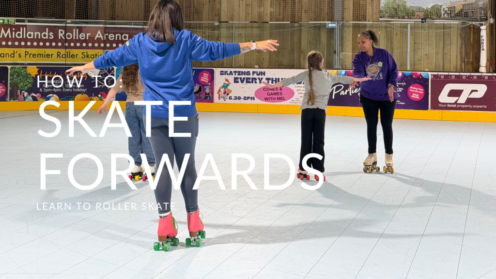 People being taught how to roller skate forwards at Midlands Roller Arena. Title text overlay.
